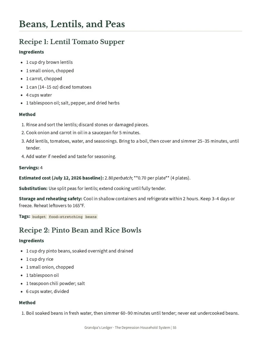 Preview of a food-stretching recipe with per-plate cost