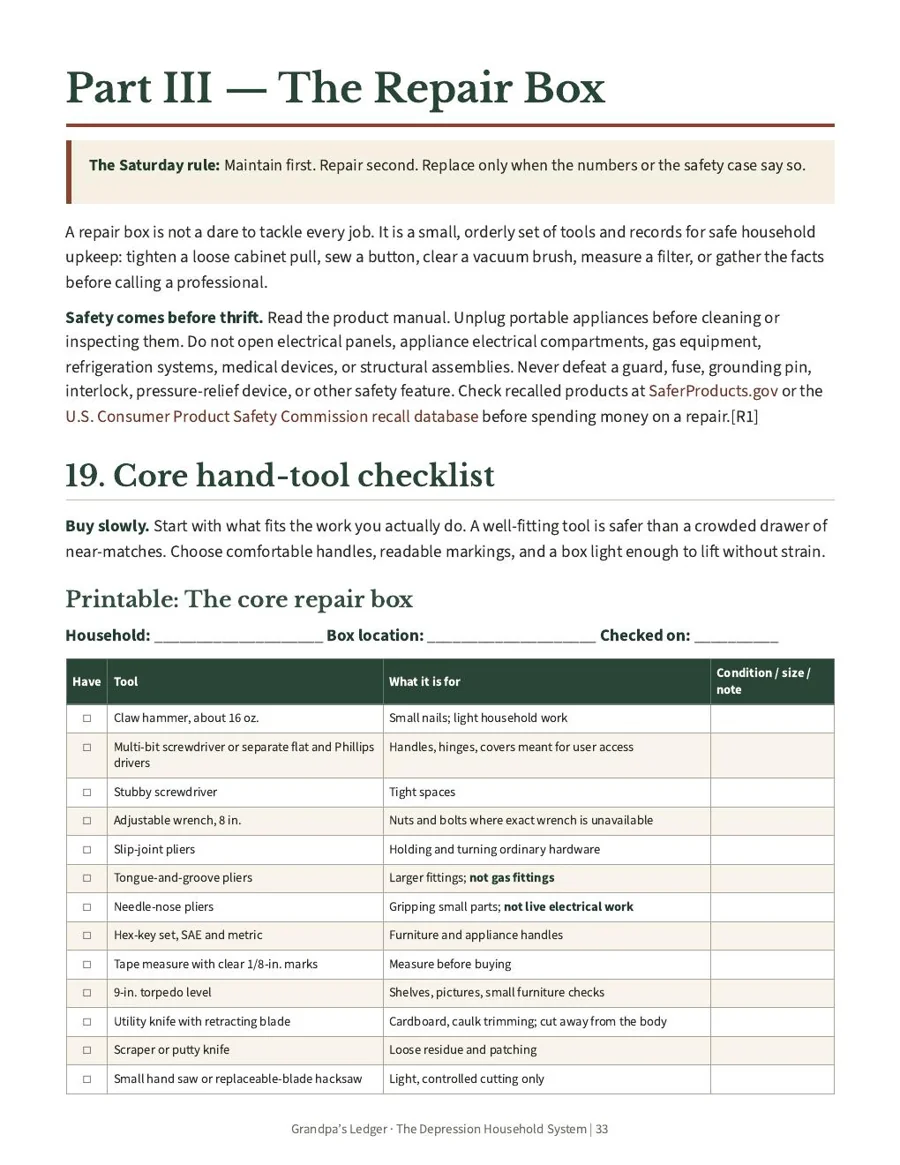 Preview of the core repair box checklist